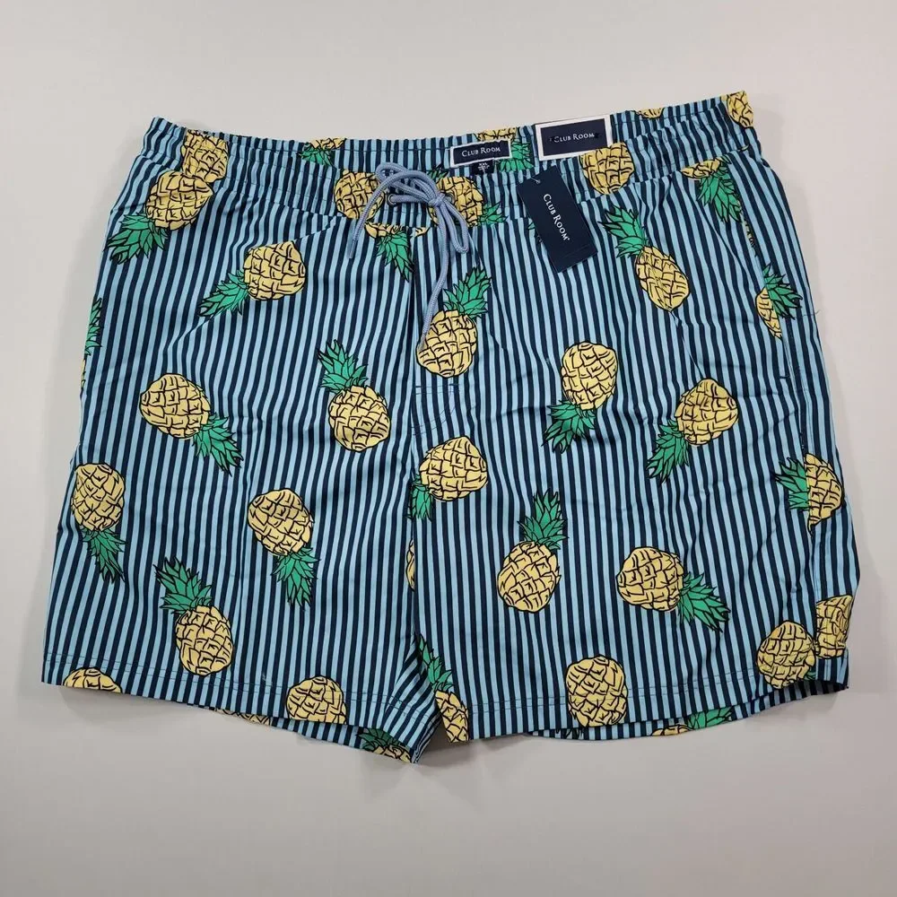 Club Room Pineapple Stripes Swim Trunks Mens 2XL Blue Quick‎ Dry Pockets $45 NEW